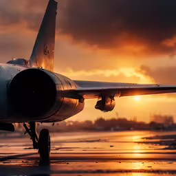 the airplane sits on the tarmac as the sun sets