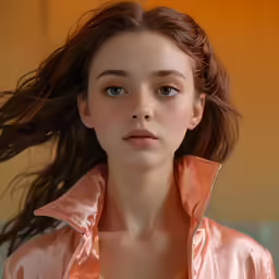a woman with red hair and an orange top
