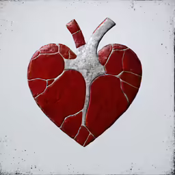 a red broken heart shaped object with one section missing
