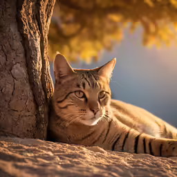 the cat is looking around behind a tree