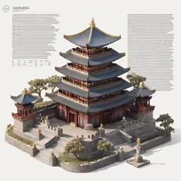 a poster detailing the architecture of an oriental city
