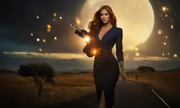 a beautiful woman holding a gun walking down a road