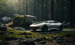 a very pretty car that is parked in the middle of the woods