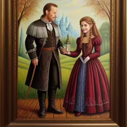 a man and a woman standing next to each other in front of a painting of a castle,a painting with a painting of a man and woman holding hands