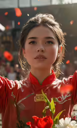 a woman in a racing outfit is holding a bouquet of flowers