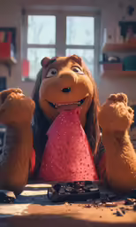 an animated lady and her big feet sitting with some cameras