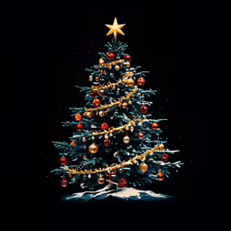a lit christmas tree with a snow covered mountain
