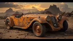 an old rusted car sits in a desert landscape