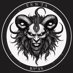 an illustration of a horned devil, with fangs on his head and the word