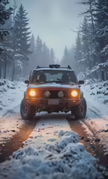 a car driving down a snowy road during winter