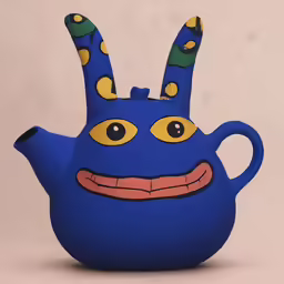 an odd blue toy with yellow eyes and large ears