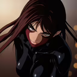 an animated character with brown hair and black clothes