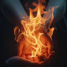 person holding fire in their hands on a dark background