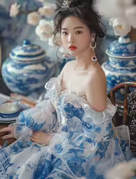 a young woman with very blue and white dress,a woman wearing blue and white is sitting down