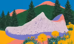 painting of trees and flowers with hills in the background