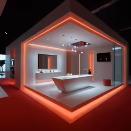 modern style bathroom with red carpeted floors