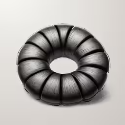the black ring pillow is sitting up against the wall