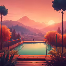 an outdoor swimming pool in the middle of a wooded area,a pool surrounded by a lush green forest
