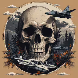 a skull in a vintage military air force style,skull with aircraft in the background with a plane flying above