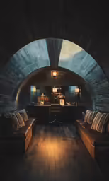an old fashion basement bar with leather couches