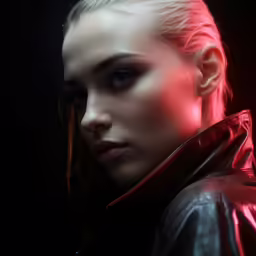 a young woman wearing a red leather jacket