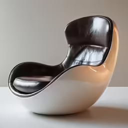 an unusual shaped chair with a white base and black leather arm rest