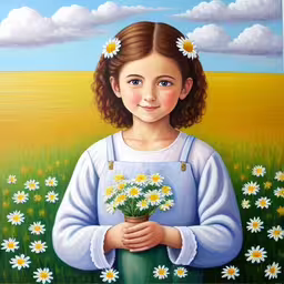 a painting of a girl holding daisies in a field
