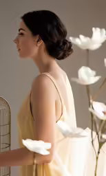 woman wearing yellow holding a cage with white flowers in it