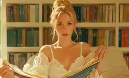 woman reading on a couch near a bookcase