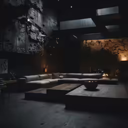 a large living room with a fire pit and couches