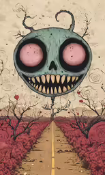 a painting of a large alien with red eyes