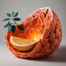 a fruit bowl with orange and green leaves