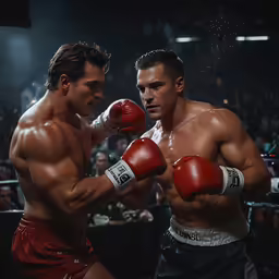 two male boxeres boxing with a crowd