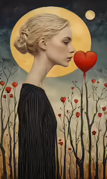 a painting of a woman kissing a red heart