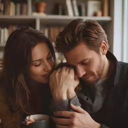a couple is cuddling close in a room