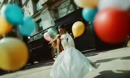 a bride and groom walking down the street