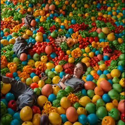 two people are sleeping in a ball pit full of oranges, green and blue balls