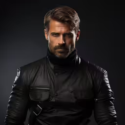 the young man is wearing black leather, posing for a picture,a man with a beard and a leather jacket