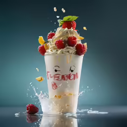 a shot of an ice cream drink with a whipped cream look and fruit topping