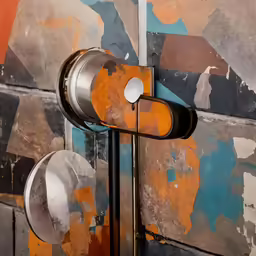 a metal wall mounted with two white knobs