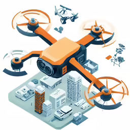 an orange and black flying device over some buildings