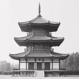 pagoda in china with a tall bird walking by it