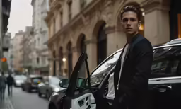 a man standing next to a car in a city street