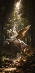 a white horse is jumping into the woods