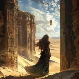 a woman stands in a desert doorway looking at something that is floating in the sky,a lady holding a gun looks out into the desert