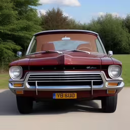the old red car is parked on the road,a red car is parked on the street