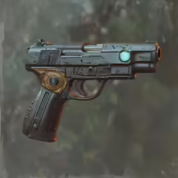 a futuristic gun with a green light and its trigger button