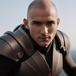 the man has a bald head and sci - fi inspired body