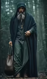 an old man wearing green and a long coat