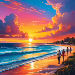 two people holding hands walking down the beach towards the sunset